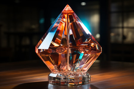 Close up shot of a crystal vase on a wooden table.の素材