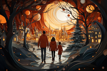 Mother and daughter walking in the forest at night. Halloween illustration.の素材