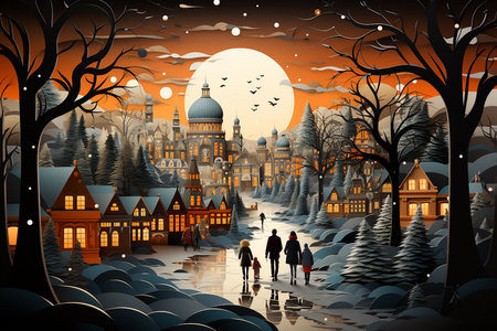 Night winter landscape with old town and old houses. Vector illustration.の素材