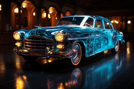 3D rendering of an old classic car with lights and reflections.の素材