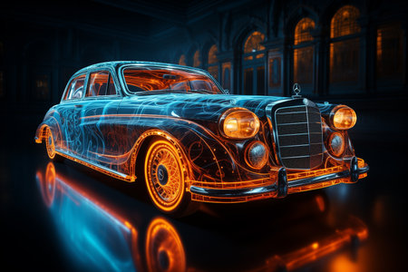 Vintage car with glowing lights on a dark background. 3d renderingの素材
