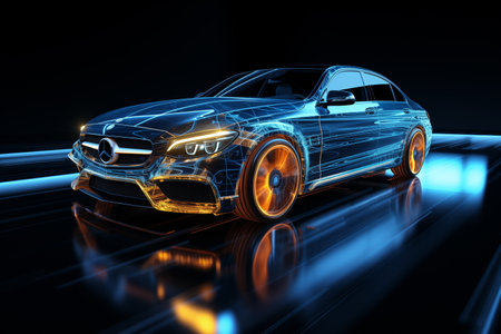 sport car on a dark background with a blue tint. 3d renderingの素材