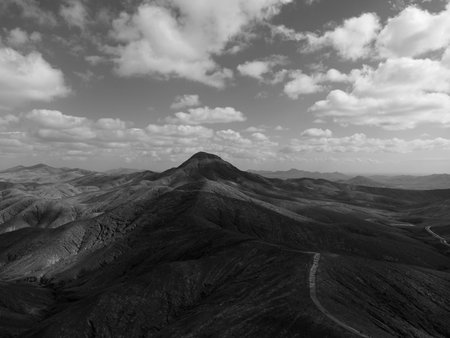 Aerial view of the top of a mountain in black and whiteの写真素材