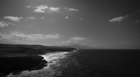 Black and white image of the coast of the Azores in Portugalの写真素材