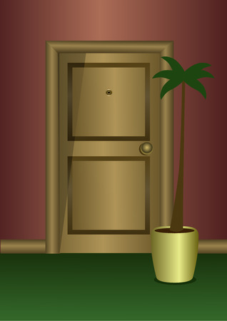 Wooden door in frontal view with a plantのイラスト素材