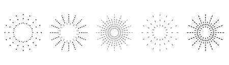Sunburst set. Vintage sunrise collection.  Vector light rays elements. Firework explosion, stars, emblem, logo, tag. Vector Illustrationのイラスト素材