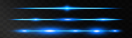Set of blue horizontal lens flares pack. Abstract light flares, laser beams, sparkling lined, horizontal light rays. Vector illustration.のイラスト素材