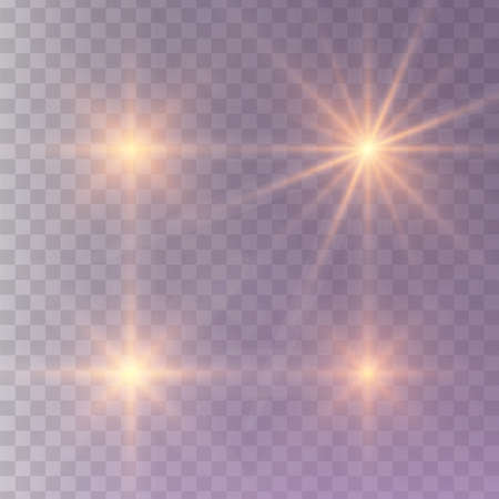 Set of glowing light stars on a transparent background. Transparent shining sun, star explodes and bright flash. Gold bright illustration starburst.のイラスト素材