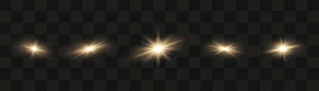 Set of bright gold flashes, lights and sparks on a transparent background. Abstract flash with glowing line, sunrise, shining golden stars. Ray shining border. Vector illustrationのイラスト素材