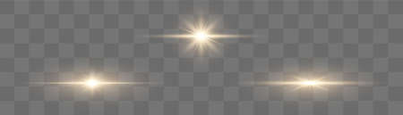 Set of bright gold flashes, lights and sparks on a transparent background. Abstract flash with glowing line, sunrise, shining golden stars. Ray shining border. Vector illustration.のイラスト素材