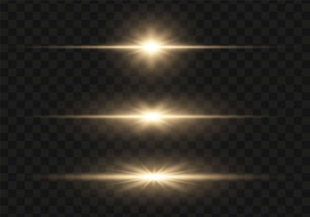 Set of bright gold flashes, lights and sparks on a transparent background. Abstract flash with glowing line, sunrise, shining golden stars. Ray shining border. Vector illustration.のイラスト素材