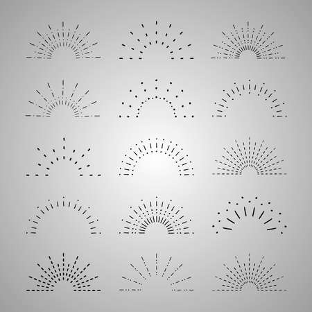 Sunburst set. Vintage sunrise collection.  Vector light rays elements. Firework explosion, stars, emblem, logo, tag. Vector Illustration.のイラスト素材