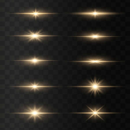 Set of bright gold flashes, lights and sparks on a transparent background. Abstract flash with glowing line, sunrise, shining golden stars. Ray shining border. Vector illustration.のイラスト素材