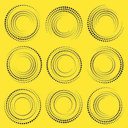 Design element for comic books, frame, logo, posters. Radial speed lines. Halftone dots in circle form. Vector illustration.のイラスト素材