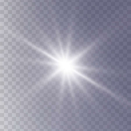 White glowing light star on a black background. Transparent shining sun, star explodes and bright flash. White bright illustration starburst.のイラスト素材