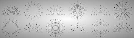 Sunburst set. Vintage sunrise collection.  Vector light rays elements. Firework explosion, stars, emblem, logo, tag. Vector Illustration.のイラスト素材