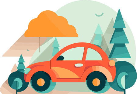 Flat design vector illustration concept of red car on the road in the forest.のイラスト素材