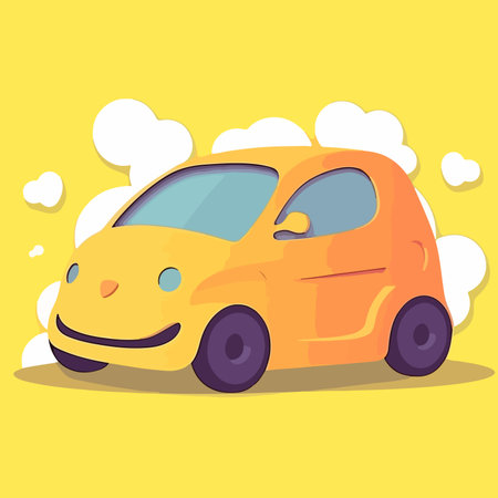 Cute cartoon car on a yellow background with clouds. Vector illustrationのイラスト素材