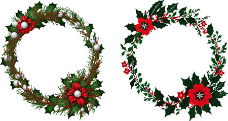 Christmas wreaths with poinsettia and snowflakesのイラスト素材
