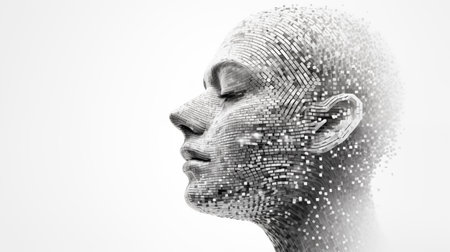 Portrait of a beautiful female face made of 3d particles. The concept of artificial intelligence, ai, womanpsychology, psychiatryの素材