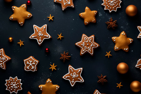 Christmas gingerbread cookies on dark background. Top view, flat layの素材
