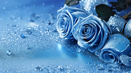 Blue roses with water drops on blue background. Close-up.の素材