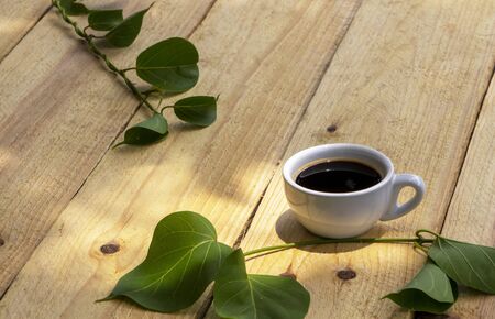 A cup of black coffee on a natural color wooden planks with a sunlight through the leaves on wood. Simple lifestyle in countryside and relaxing concept.の写真素材