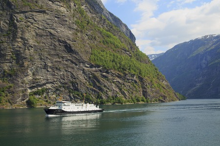 Landscape with Geiranger fjord with cruise ship, mountains. Beautiful Nature Norway.の写真素材