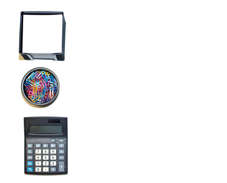 Office accessories on white background. Copy space for text or inscription.