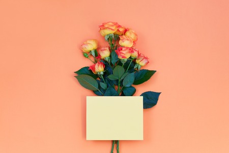 Blank pink paper card for Valentine's or mother woman day and beautiful fresh vivid orange roses tinged with red on orange background, copy space. Wedding baby birthday romantic date invitation.の写真素材
