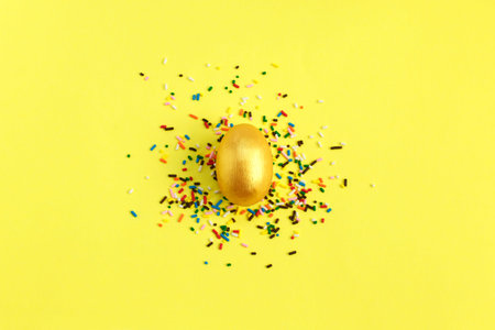 Golden egg with colorful candy sprinkles on yellow background. Minimal Happy Easter concept....