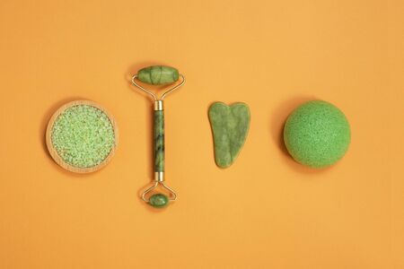 Natural skincare cosmetics. cosmetics for face care. Modern self care beauty concept. Flat lay. Modern self care beauty concept.の写真素材