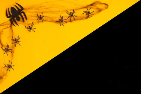 Halloween holiday with black spiders, web on black background.の写真素材