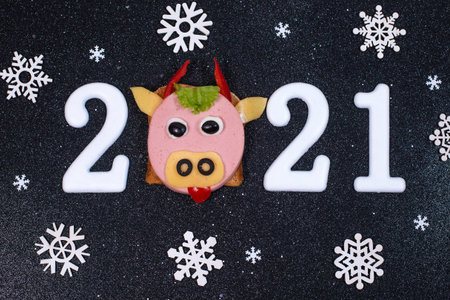 Happy New year 2021 with breakfast sandwich bull