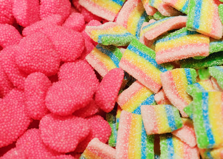 Assorted Many colorful tasty gummy candies. sweets background.