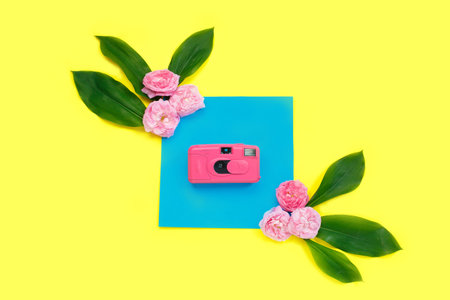 Bright pink Film Camera and pink roses with leaves