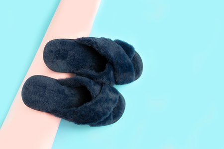 Indoor Blue home cozy slippers on a color background.