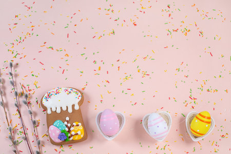 Gingerbread in the form of a easter cake and colorful eggs on a light background.