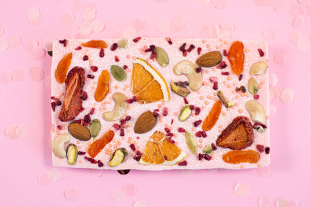 Handmade pink chocolate bar with dried fruits and nuts on a fastive Pink Background.