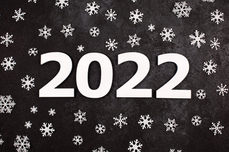 Congratulatory banner Merry Christmas and Happy New Year 2022 wiht white different sizes snowflakes