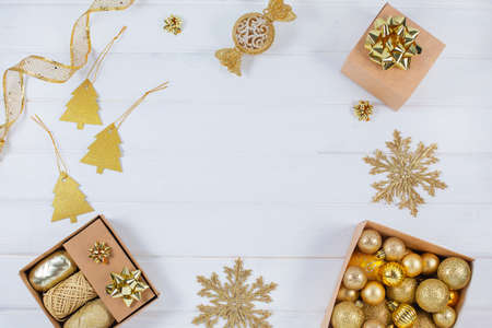 Gold christmas decoration with christmas balls and Wrapping Paperの写真素材