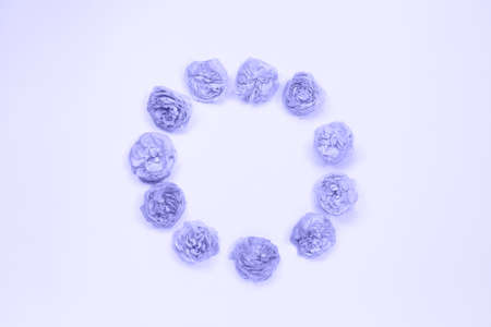 Round frame made of violet rose flowers on light background.の写真素材