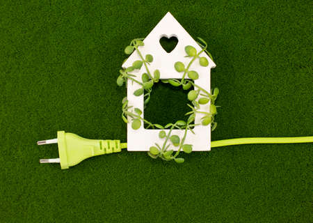 Eco wooden house entwined with green leaves and an electric cord on a green grass.の写真素材