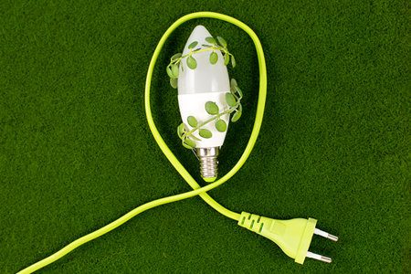 Energy saving lightbulb with green leaves and and electrical power cable on grass background.の写真素材