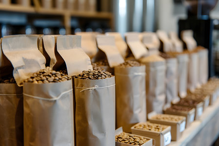 Assorted Coffee Beans in Paper Bags on Rustic Shelf of Cozy Coffee Shop Atmosphereの写真素材