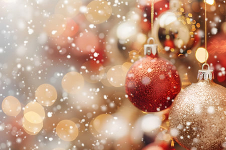 Red and gold Christmas ornaments hanging on a tree with a blurred background.の写真素材