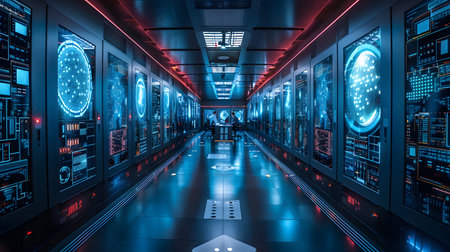 Futuristic technology server room with glowing blue lights and screens