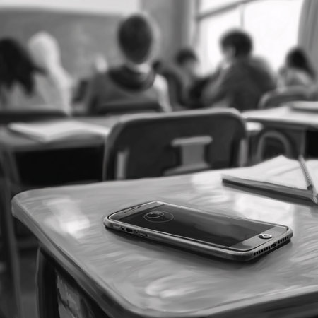 A smartphone on a desk in a classroom. Students are blurred in the background, focused on their lessons.の素材