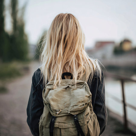Young woman with long blond hair walking by the river with a backpackの素材