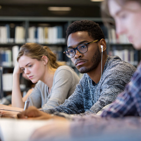 Diverse students studying in a library, focused on their work with laptops and notebooks.の素材